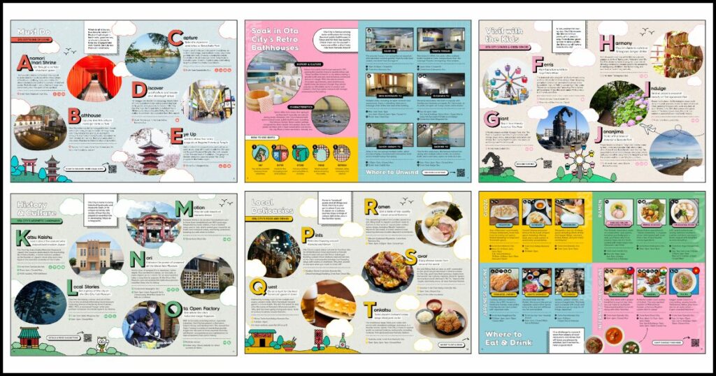 “A to Z”のコンセプトを活かしたページ構成。ページごとにはキッズフレンドリー、伝統と文化、食などのテーマがあり、必要に応じてテーマを深掘りしたページも。例えば、上段・真ん中は銭湯や温泉・黒湯紹介。下段・右は注目レストランを紹介。